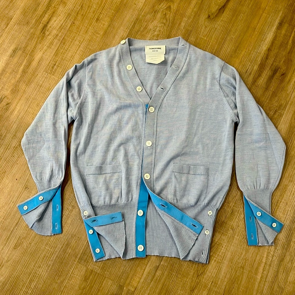 Thom Browne Cardigan Baby Blue 100% Wool Made in Scotland Size 4 New Unworn